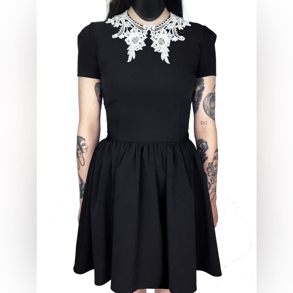 Deandri XS Roselle Lace Collar Black Mini Skater Dress